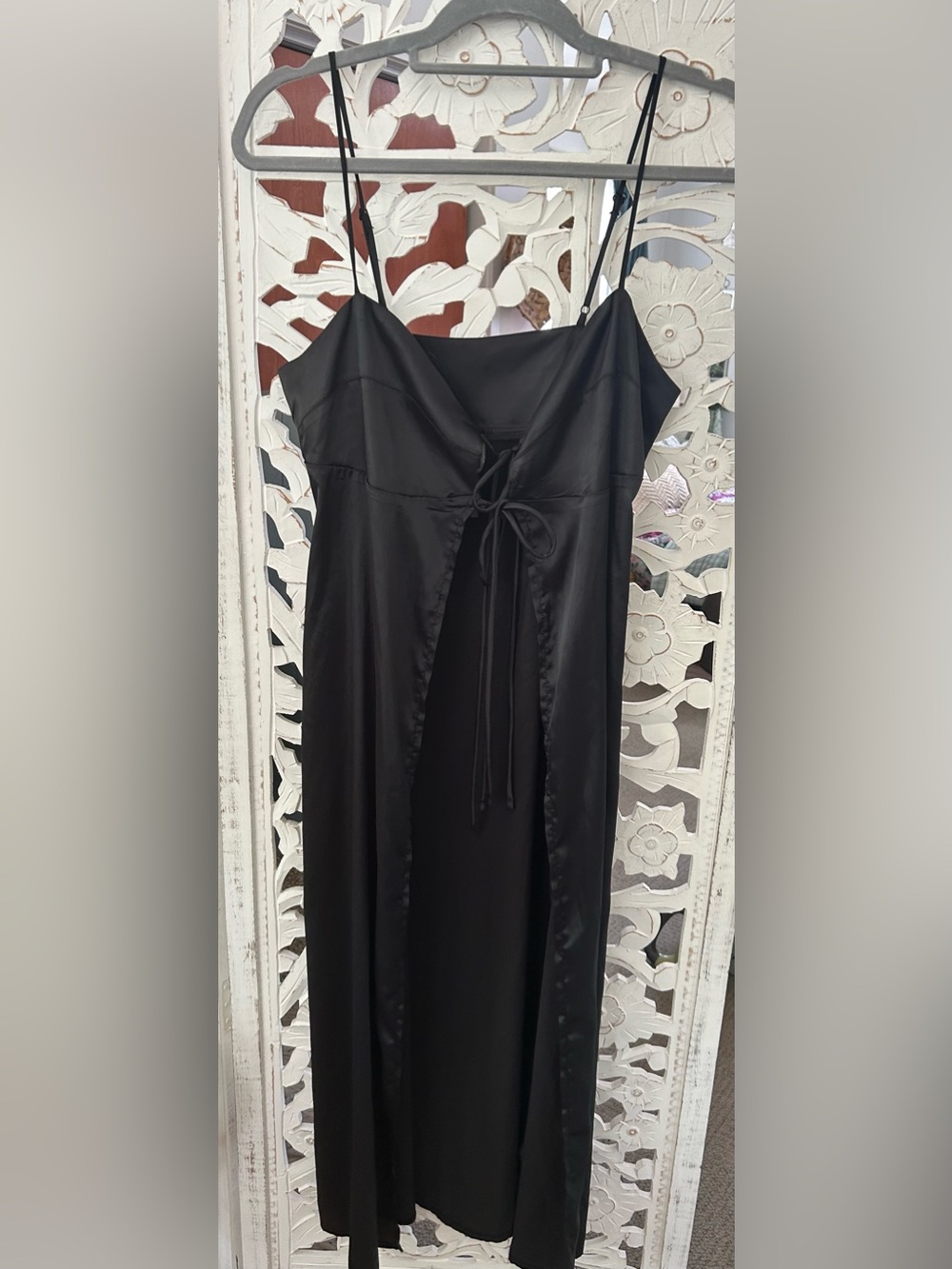 Anthropologie Black Satin Tie-Front Top & Wide Leg Pant Lounge Set - Women